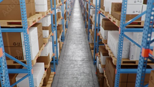 Warehouse with cardboard boxes inside on pallets racks, logistic center. Huge, large modern warehouse. Warehouse filled with cardboard boxes on shelves. Loopable seamless 4K 3D animation photo