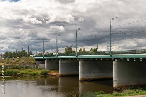Automobile bridge over the Kotorosl river on a cloudy day. Moskovsky prospect, Yaroslavl