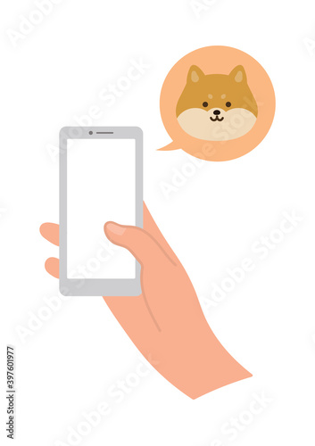 ペットの犬の様子を外からスマホで確認する様子のイラスト