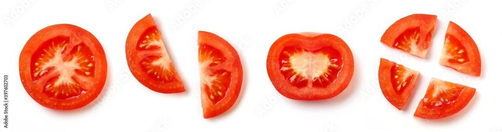 Tomato slices isolated on white, from above Tomato slices isolated on white, from above