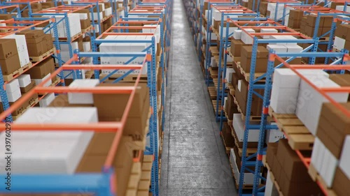 Warehouse with cardboard boxes inside on pallets racks, logistic center. Huge, large modern warehouse. Warehouse filled with cardboard boxes on shelves. Loopable seamless 4K 3D animation