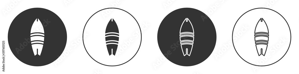Black Surfboard icon isolated on white background. Surfing board. Extreme sport. Sport equipment. Circle button. Vector Illustration. Black Surfboard icon isolated on white background. Surfing board. Extreme sport. Sport equipment. Circle button. Vector Illustration.