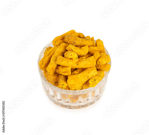 Indian Traditional Spicy Ganthiya or Gathiya, Gathia Are Deep Fried Namkeen Food on White Background