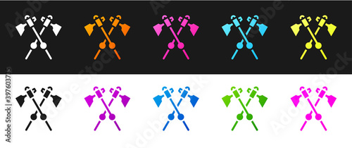 Set Crossed medieval axes icon isolated on black and white background. Battle axe, executioner axe. Medieval weapon. Vector.