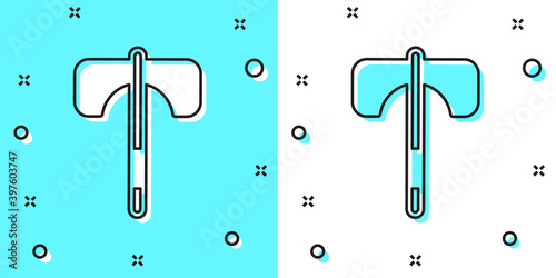 Black line Medieval axe icon isolated on green and white background. Battle axe, executioner axe. Medieval weapon. Random dynamic shapes. Vector.
