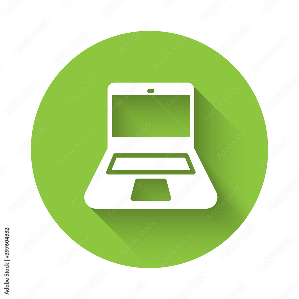 White Laptop icon isolated with long shadow. Computer notebook with empty screen sign. Green circle button. Vector.