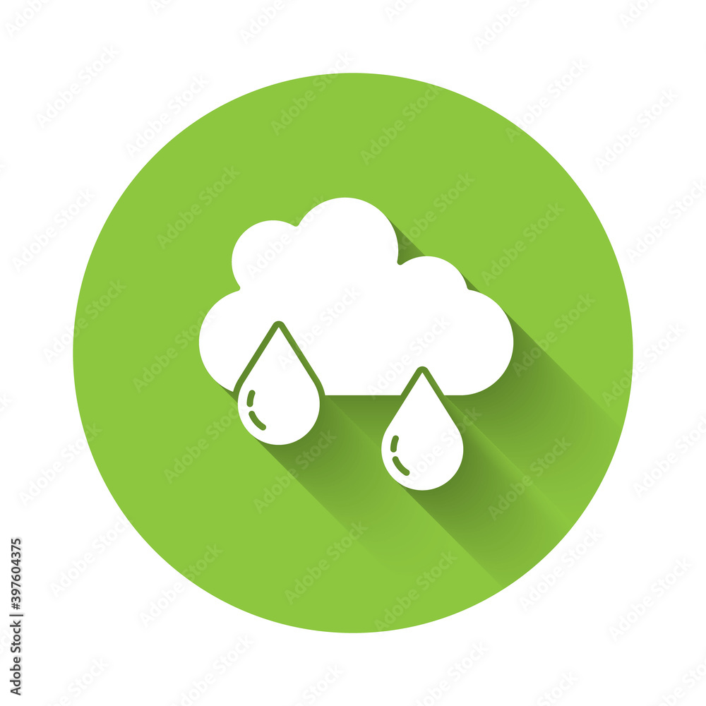 White Cloud with rain icon isolated with long shadow. Rain cloud precipitation with rain drops. Green circle button. Vector. White Cloud with rain icon isolated with long shadow. Rain cloud precipitation with rain drops. Green circle button. Vector.