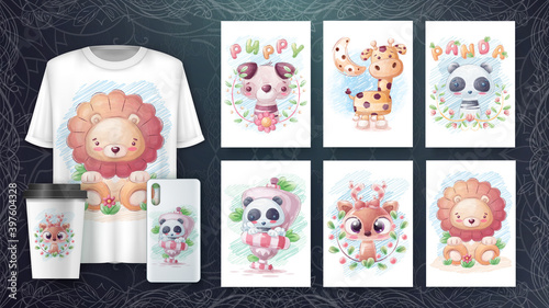 Set pencil draw character poster and merchandising