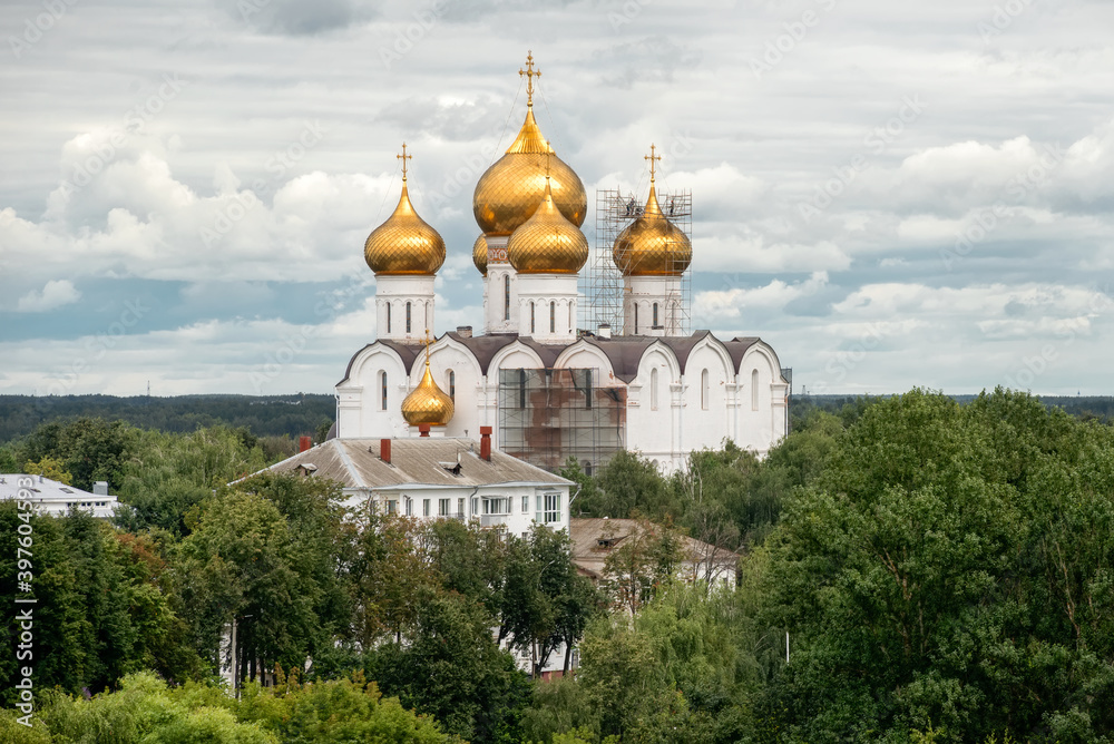 Summer view of the Assumption Cathedral from the belfry of the Transfiguration Monastery. Yaroslavl, Russia