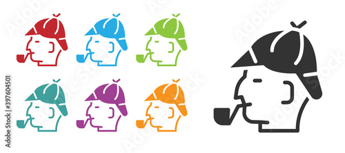 Black Sherlock Holmes with smoking pipe icon isolated on white background. Detective. Set icons colorful. Vector.