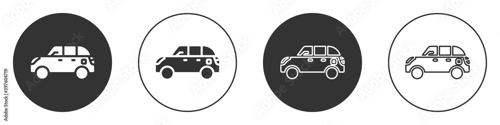 Black Hatchback car icon isolated on white background. Circle button. Vector. Black Hatchback car icon isolated on white background. Circle button. Vector.