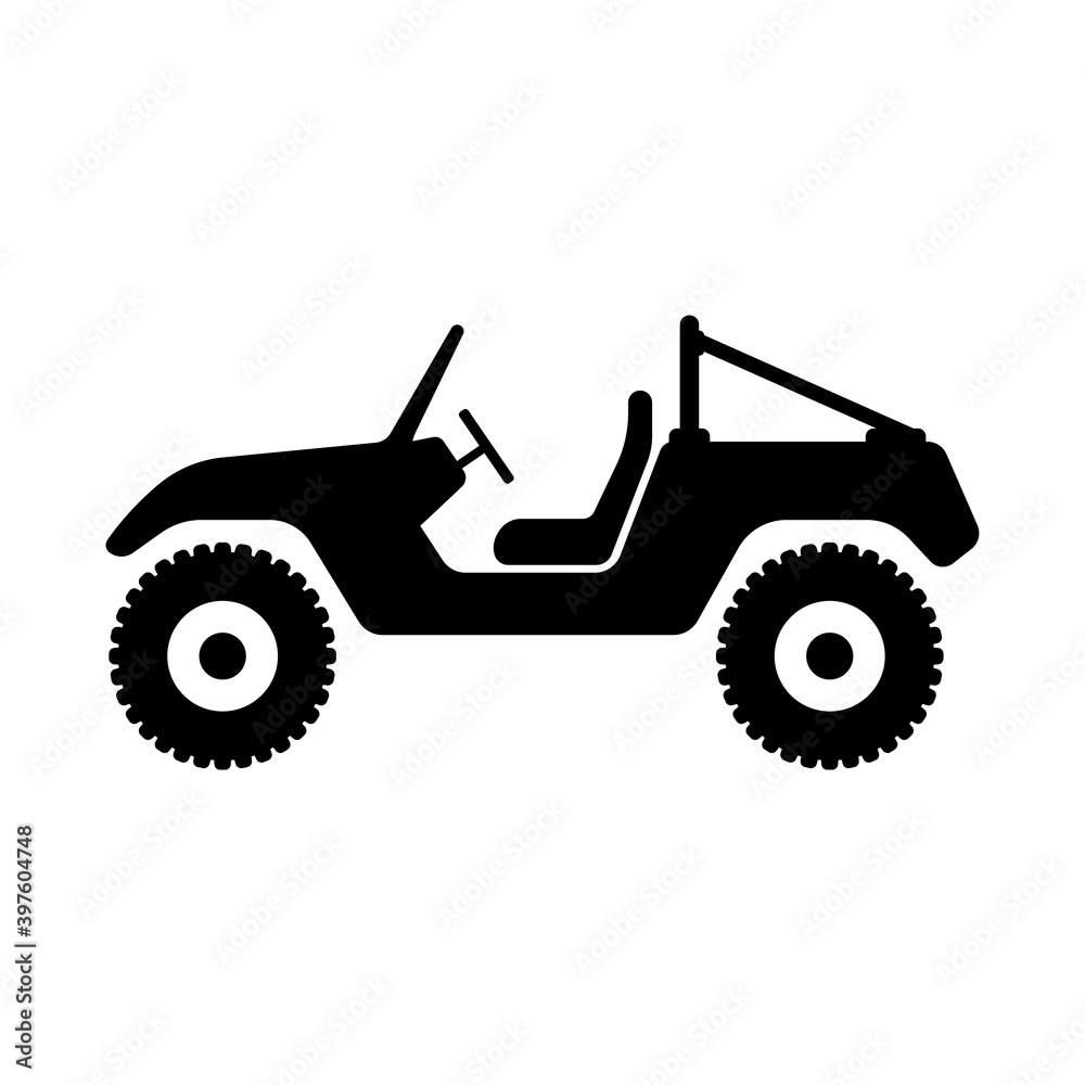 Buggy icon. Black silhouette. Side view. Small sport utility vehicle. Vector flat graphic illustration. The isolated object on a white background. Isolate.