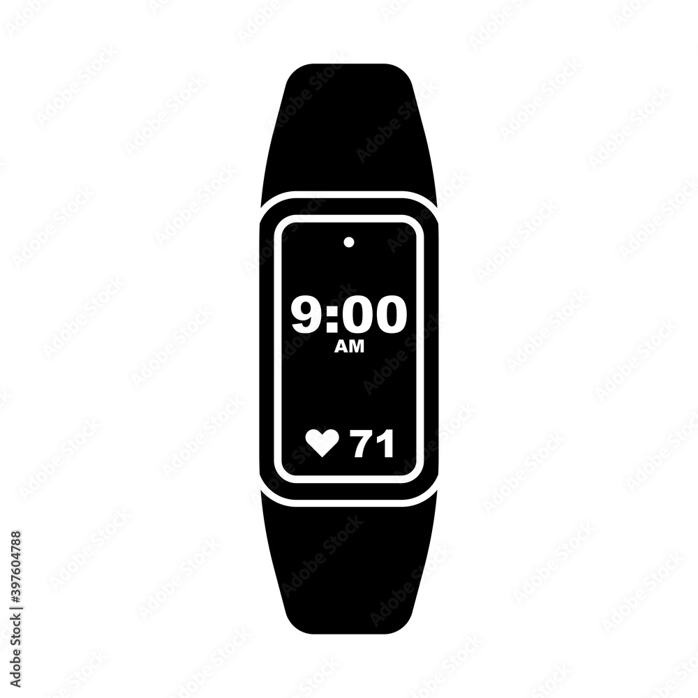 Fototapeta premium Fitness tracker icon. Sports bracelet. Black silhouette. Vertical view. Vector flat graphic illustration. The isolated object on a white background. Isolate.