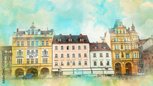 Watercolor pattern of Czech Budejovice houses on square colorful illustration