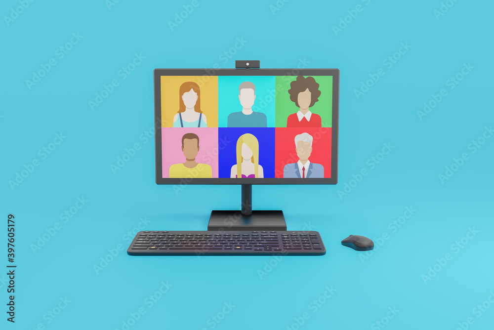 People connecting together, learning or meeting online with teleconference, video conference remote working on computer, work from home and work from anywhere concept. 3D Illustration People connecting together, learning or meeting online with teleconference, video conference remote working on computer, work from home and work from anywhere concept. 3D Illustration