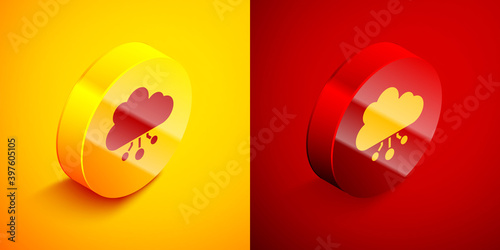 Isometric Cryptocurrency cloud mining icon isolated on orange and red background. Blockchain technology, bitcoin, digital money market, cryptocoin wallet. Circle button. Vector.