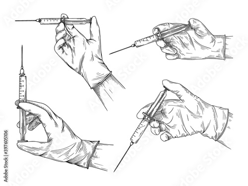 Doctor or scientist hands in latex gloves. Hands in sterile gloves holding syringe. Vector illustration