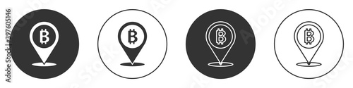 Black Location bitcoin icon isolated on white background. Physical bit coin. Blockchain based secure crypto currency. Circle button. Vector.
