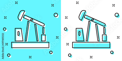 Black line Oil pump or pump jack icon isolated on green and white background. Oil rig. Random dynamic shapes. Vector.