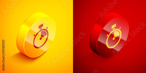 Isometric Stopwatch icon isolated on orange and red background. Time timer sign. Chronometer sign. Circle button. Vector. © Kostiantyn