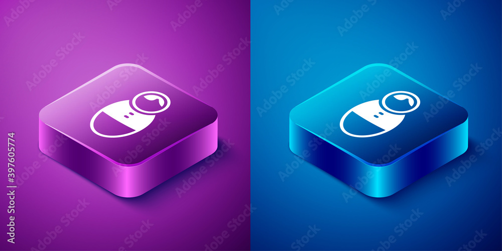 Isometric Tumbler doll toy icon isolated on blue and purple background. Square button. Vector. Isometric Tumbler doll toy icon isolated on blue and purple background. Square button. Vector.