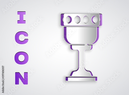 Paper cut Medieval goblet icon isolated on grey background. Holy grail. Paper art style. Vector.