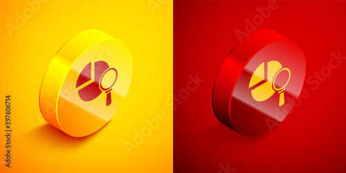 Isometric Magnifying glass and data analysis icon isolated on orange and red background. Circle button. Vector. © Kostiantyn