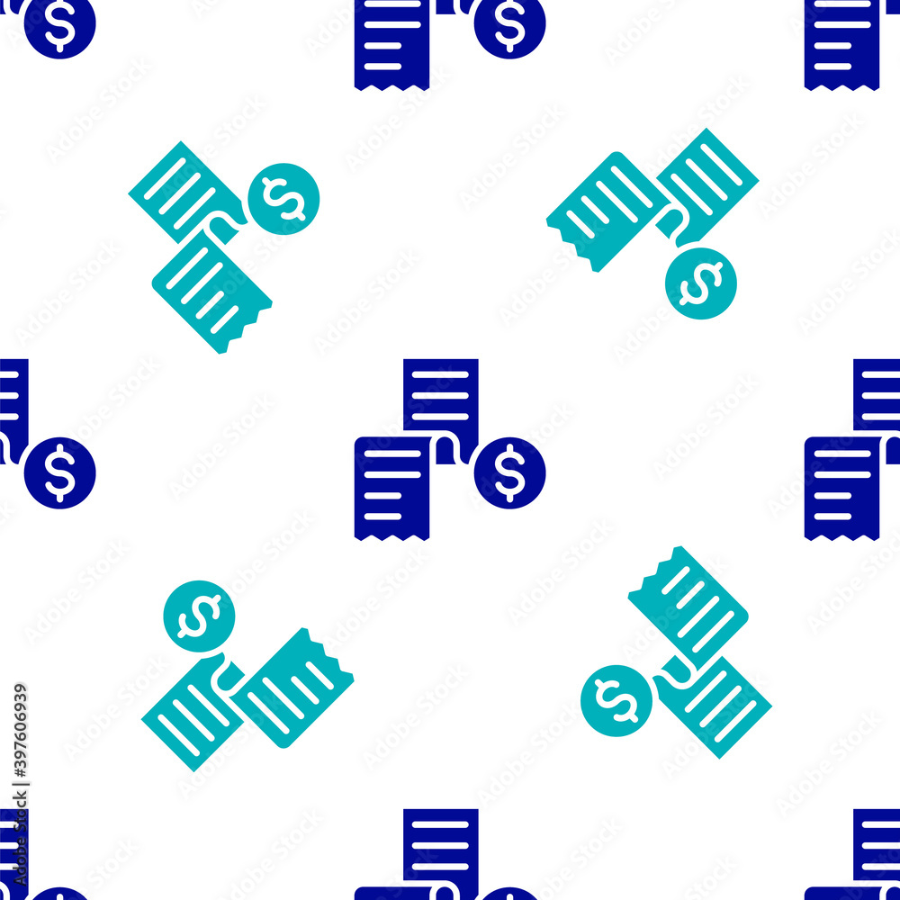 Blue Paper or financial check icon isolated seamless pattern on white background. Paper print check, shop receipt or bill. Vector. Blue Paper or financial check icon isolated seamless pattern on white background. Paper print check, shop receipt or bill. Vector.