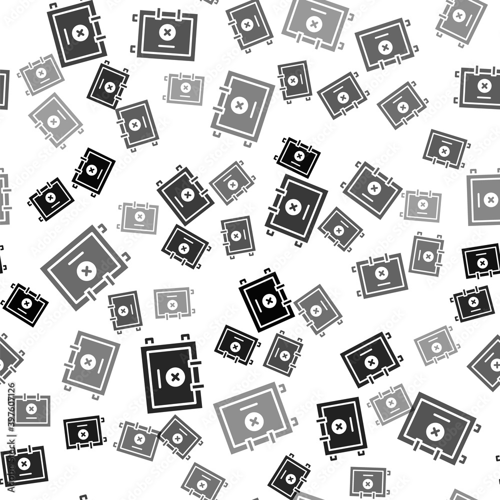 Black Safe icon isolated seamless pattern on white background. The door safe a bank vault with a combination lock. Reliable Data Protection. Vector. Black Safe icon isolated seamless pattern on white background. The door safe a bank vault with a combination lock. Reliable Data Protection. Vector.