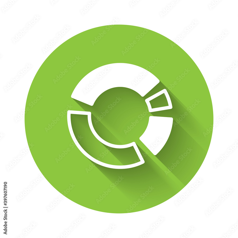 White Pie chart infographic icon isolated with long shadow. Diagram chart sign. Green circle button. Vector. White Pie chart infographic icon isolated with long shadow. Diagram chart sign. Green circle button. Vector.