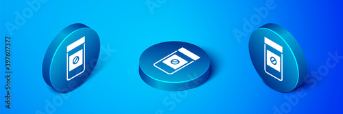 Isometric Sports doping, anabolic drugs icon isolated on blue background. Anabolic steroids tablet. Pills in jar. Blue circle button. Vector.