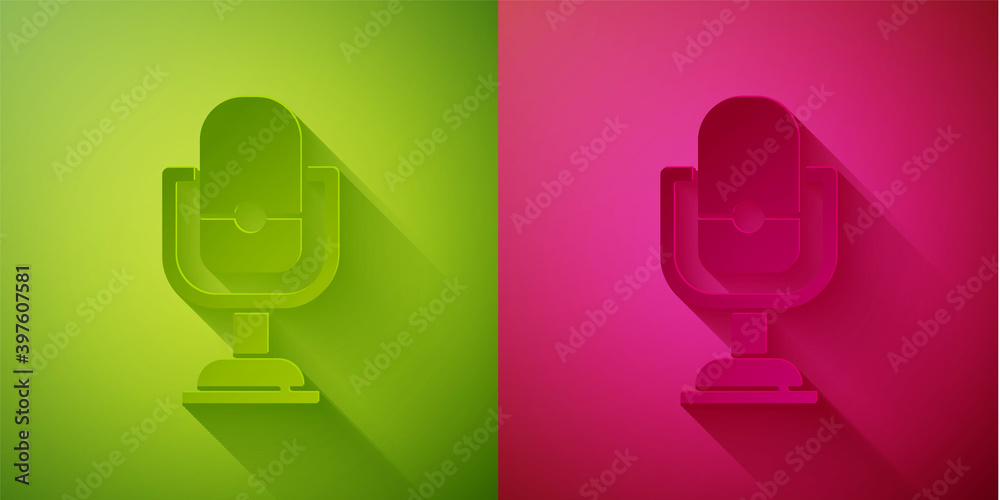 Paper cut Microphone icon isolated on green and pink background. On air radio mic microphone. Speaker sign. Paper art style. Vector. Paper cut Microphone icon isolated on green and pink background. On air radio mic microphone. Speaker sign. Paper art style. Vector.