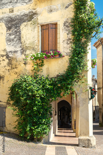 View of the arcades of the ancient village of Asolo in summer  Treviso  Italy