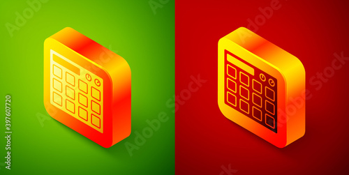 Isometric Drum machine music producer equipment icon isolated on green and red background. Square button. Vector.