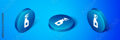 Isometric Cleaning spray bottle with detergent liquid icon isolated on blue background. Blue circle button. Vector.
