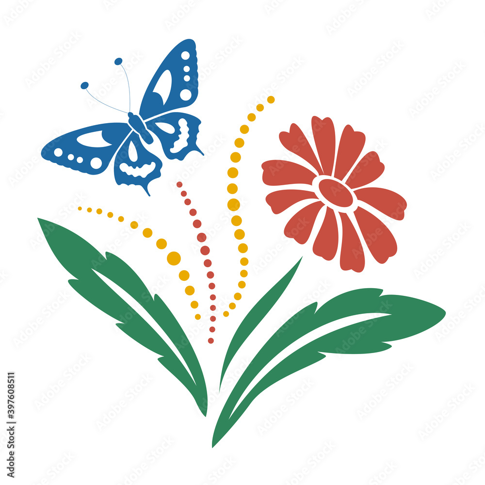 Red gerbera flower with green leaves and blue butterfly. Full-color floral decorative motif. Hand-drawn vector illustration, flat style. Design element for banners, t-shirts prints, greeting cards.