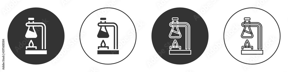 Black Glass test tube flask on fire heater experiment icon isolated on white background. Laboratory equipment. Circle button. Vector. Black Glass test tube flask on fire heater experiment icon isolated on white background. Laboratory equipment. Circle button. Vector.