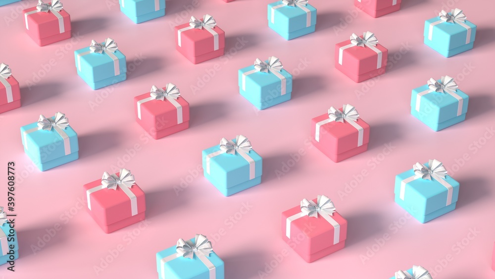 Pattern gift box with decorative lace on pastel pink background flat lay. Holiday concept new year or Christmas gift box presents Xmas. 3d render Pattern gift box with decorative lace on pastel pink background flat lay. Holiday concept new year or Christmas gift box presents Xmas. 3d render