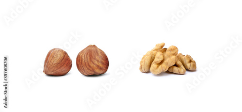 Walnuts and hazelnut isolated with white background