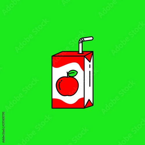 Apple juice carton box packaging with straw vector illustration isolated on green background. Linear color style of apple juice packaging icon