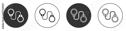 Black Handcuffs icon isolated on white background. Circle button. Vector.