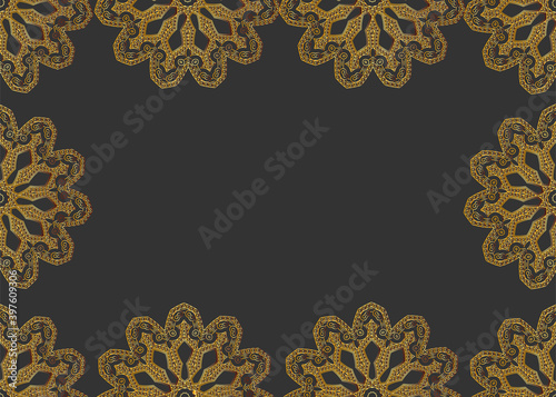 Vector frame pattern of golden mandalas on dark gray background