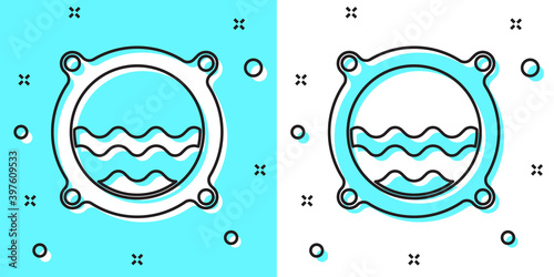Black line Ship porthole with rivets and seascape outside icon isolated on green and white background. Random dynamic shapes. Vector.
