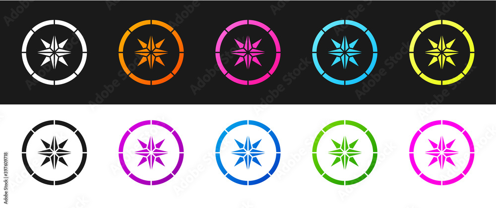 Set Compass icon isolated on black and white background. Windrose navigation symbol. Wind rose sign. Vector.