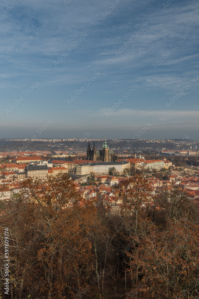 Prague from Petrin tower in autumn sunny color day
