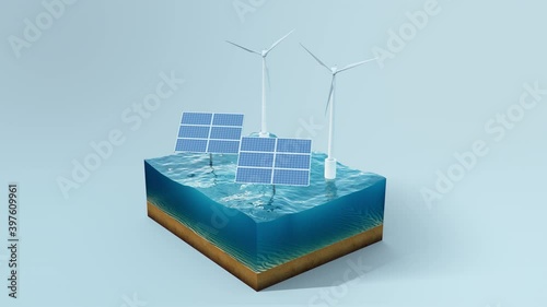 Solar panels with wind turbines on surface sea, ocean. Piece of land, sea in cross section. Concept clean energy, green energy, renewable energy, alternative energy. Photovoltaic panel, 3D animation