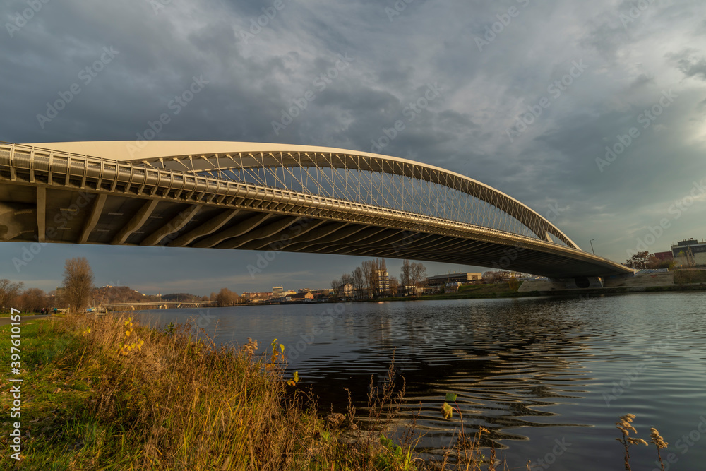 Obraz premium New Trojsky bridge in Prague Holesovice part of capital in autumn afternoon