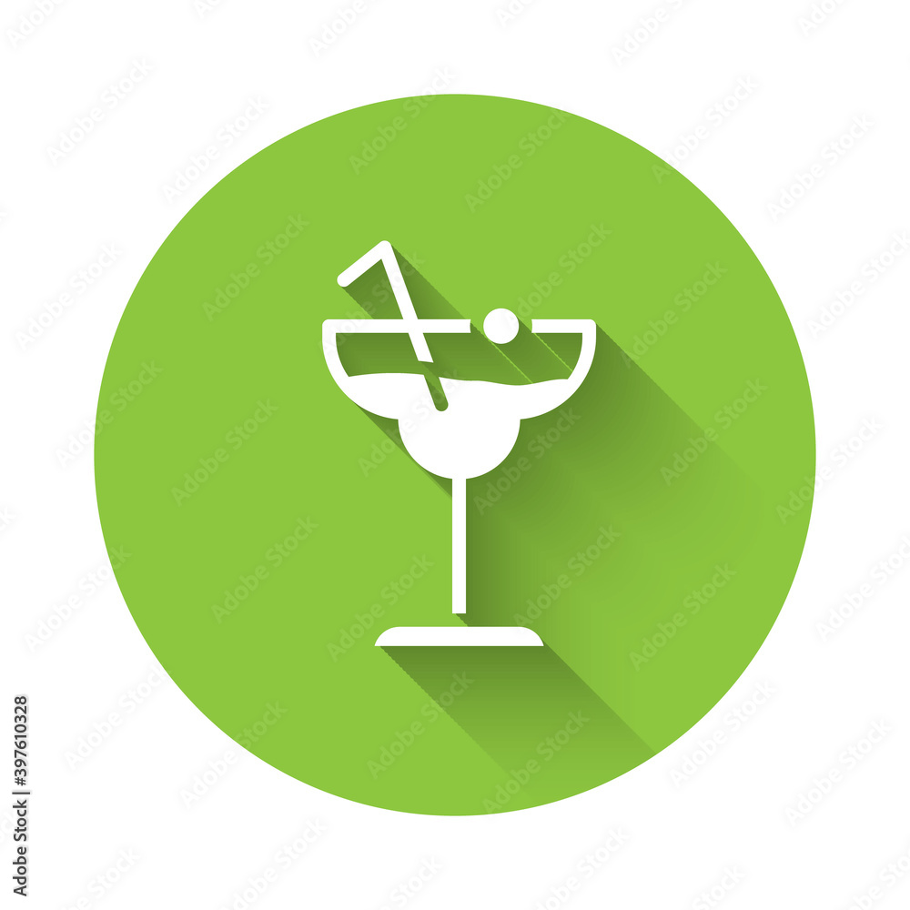 White Cocktail and alcohol drink icon isolated with long shadow. Green circle button. Vector. White Cocktail and alcohol drink icon isolated with long shadow. Green circle button. Vector.
