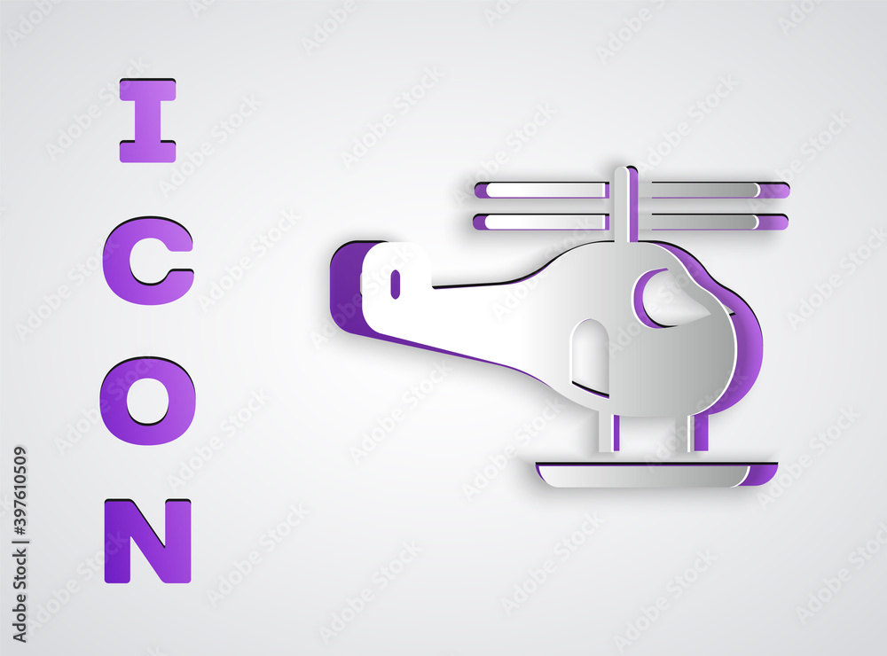 Paper cut Helicopter aircraft vehicle icon isolated on grey background. Paper art style. Vector. Paper cut Helicopter aircraft vehicle icon isolated on grey background. Paper art style. Vector.