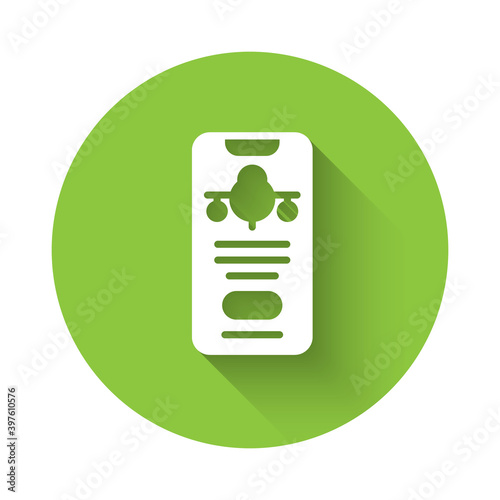 White Smartphone with electronic boarding pass airline ticket icon isolated with long shadow. Passenger plane mobile ticket for web and app. Green circle button. Vector.